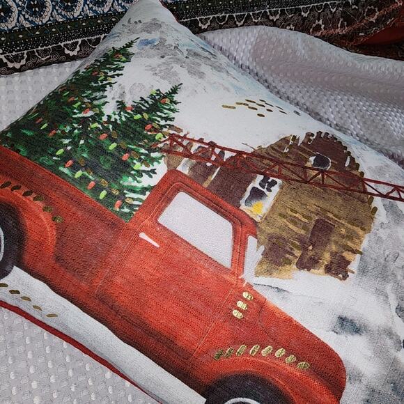 SANTAS WORKSHOP EUC RED TRUCK CHRISTMAS PILLOW - Picture 2 of 6